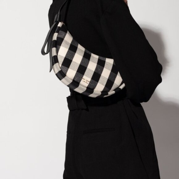 Kate Spade Smile Shoulder Bag Black Gingham Small Leather Fabric Zip Top White - Picture 3 of 10